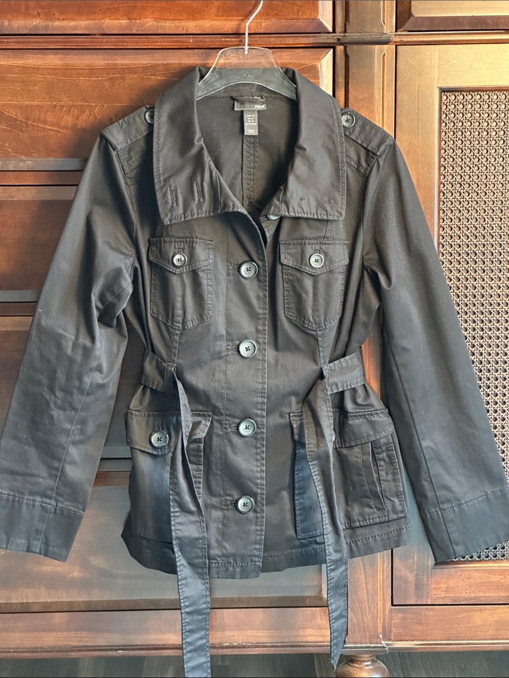 H&M Utility Jacket Cotton Multi Pockets Belted  Black SIZE  12 EC LIKE NEW